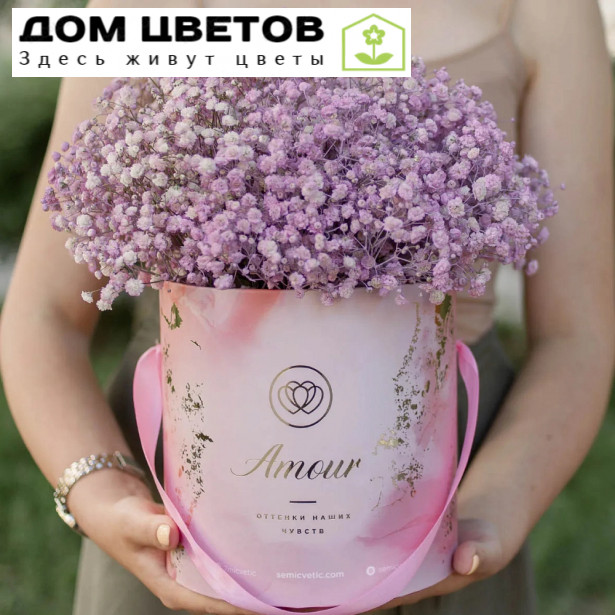 Букет в розовой шляпной коробке Amour Mini из 9 розовых гипсофил