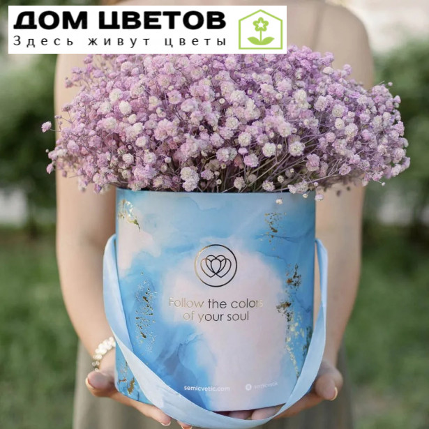 Букет в голубой шляпной коробке Amour Mini из 9 розовых гипсофил