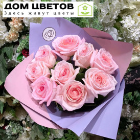 9 розовых пионовидных роз Pink O'Hara 40 см в упаковке