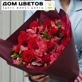 Букет из красных роз А2 (изогнутый стебель, Россия) 50-60 см и малиновых альстромерий в упаковке