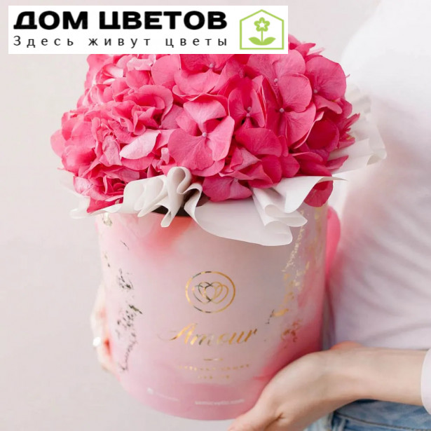 Букет в розовой шляпной коробке Amour Mini из 3 розовых гортензий