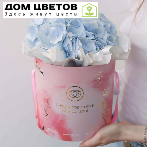 Букет в розовой шляпной коробке Amour Mini из 3 голубых гортензий