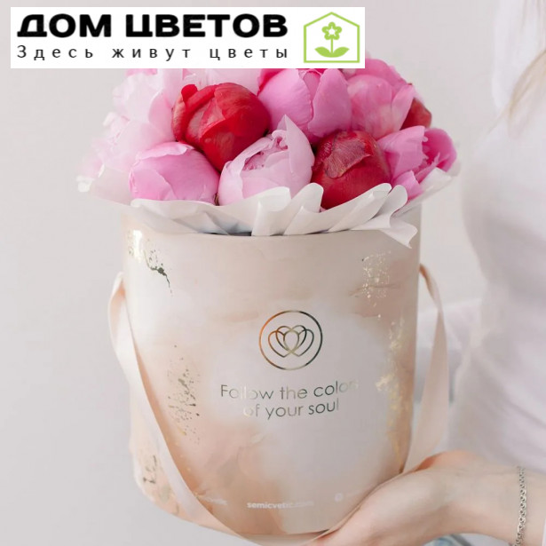 Букет в бежевой шляпной коробке Amour Mini из 21 пиона микс Standart Plus