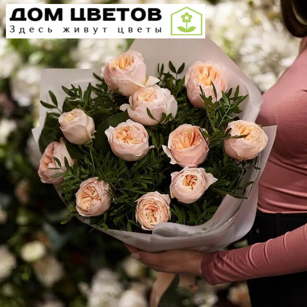 11 пионовидных роз Juliet 50 см с зеленью