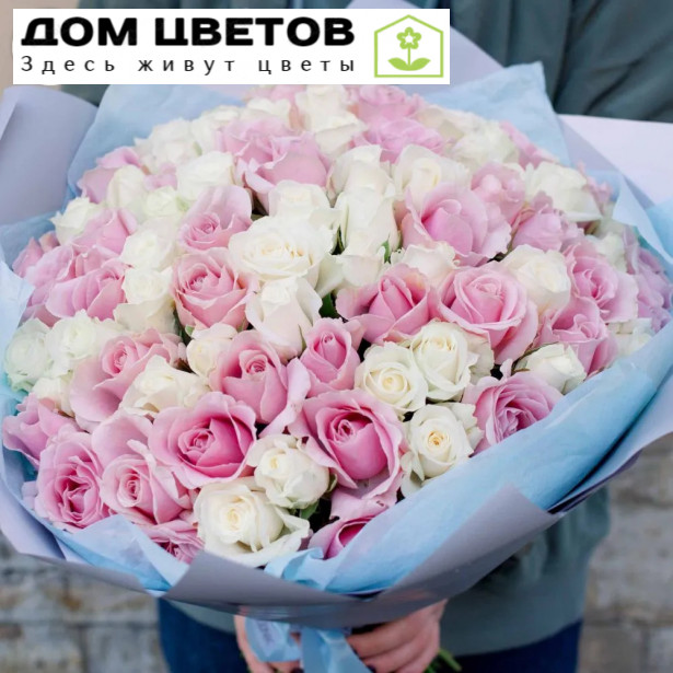 Букет из 101 белой и розовой розы 35-40 см (Россия)