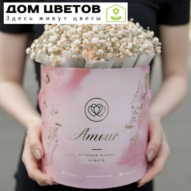 Букет в розовой шляпной коробке Amour Mini из бежевой гипсофилы