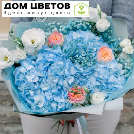 Букет из 3 голубых гортензий, 3 пионовидных роз, 5 белых лизиантусов и голубой гипсофилы в упаковке