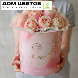 Букет в розовой шляпной коробке Amour Mini из 17 пионовидных роз Swan Grace