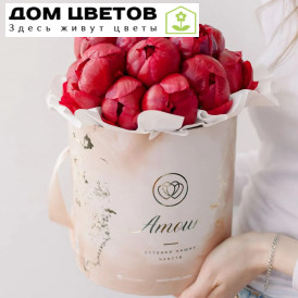 Букет в бежевой шляпной коробке Amour Mini из 21 бордового пиона Standart Plus