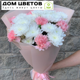 Букет из 5 белых хризантем и 6 розовых гвоздик
