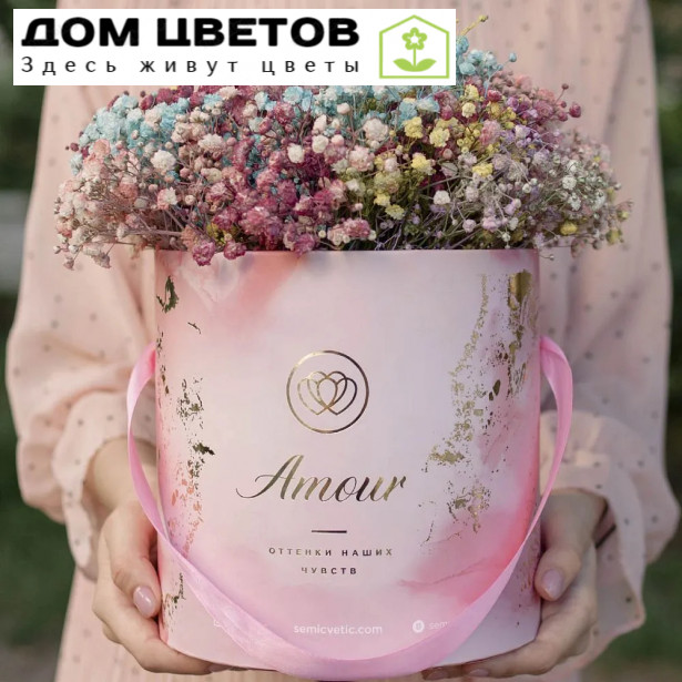 Букет в розовой шляпной коробке Amour Mini из 9 гипсофил микс