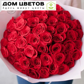 Букет из 51 красной розы Freedom 50 см (Эквадор) в розовой пленке