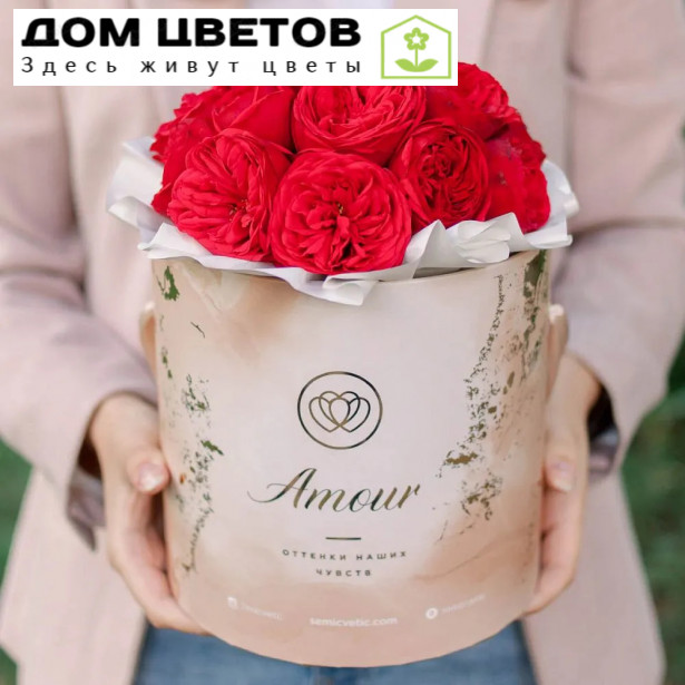 Букет в бежевой шляпной коробке Amour Mini из 19 красных одноголовых пионовидных роз Red Piano