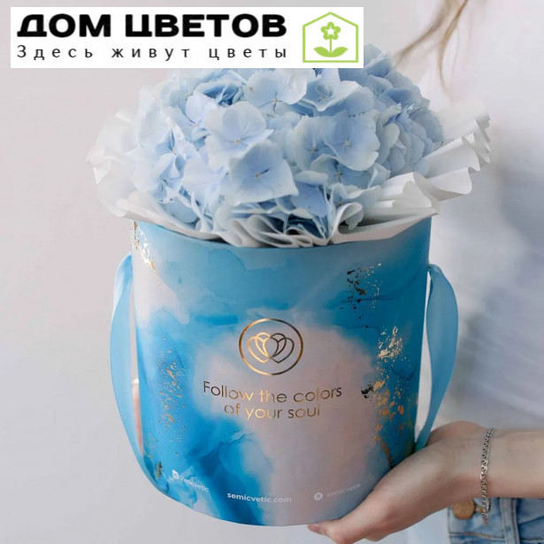 Букет в голубой шляпной коробке Amour Mini из 3 голубых гортензий